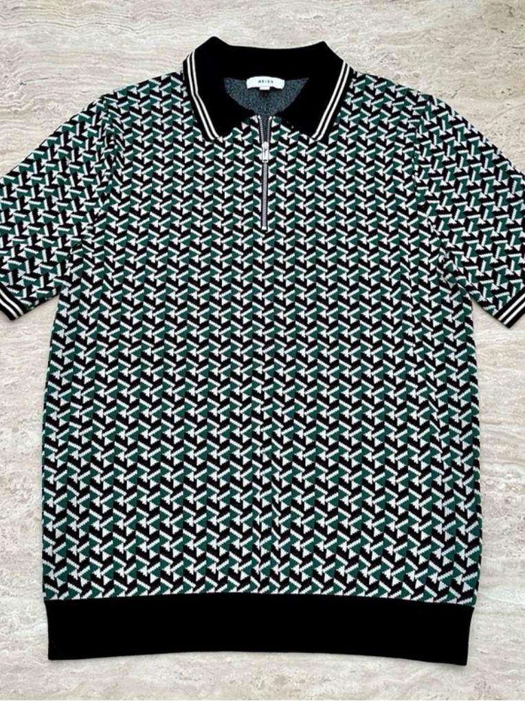 Reiss Black, White & Green Geometric Zip Polo Size Small